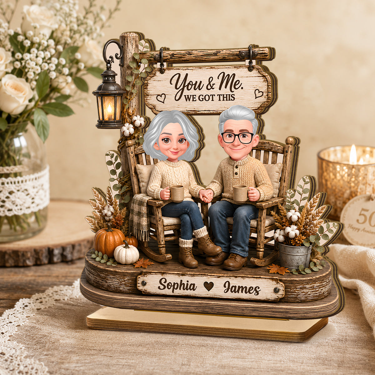 Husband Wife Sitting on Rocking Chair - Personalized 2-Layered Wooden Plaque