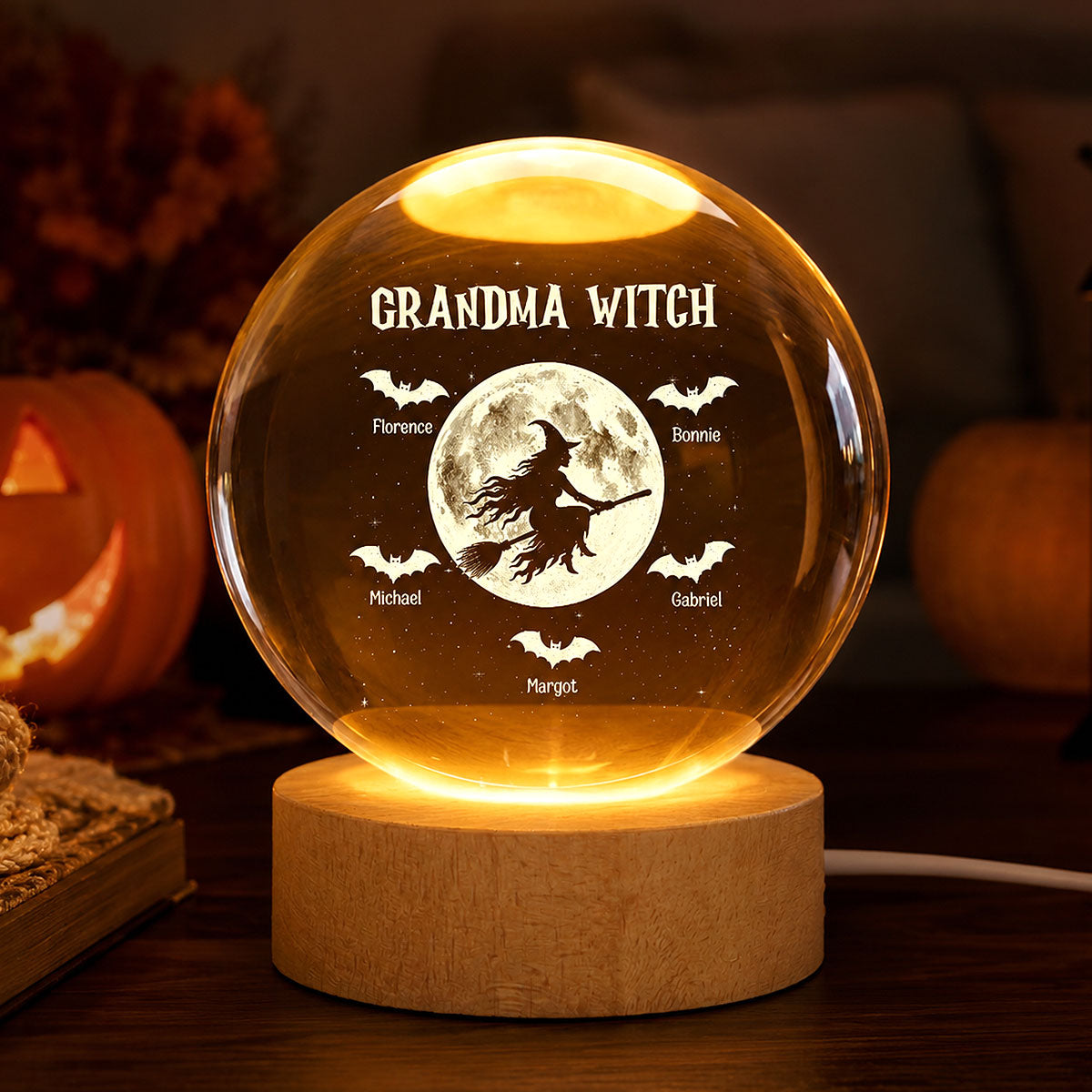 Grandma Witch With Kids Names - Personalized Crystal Ball LED Night Light