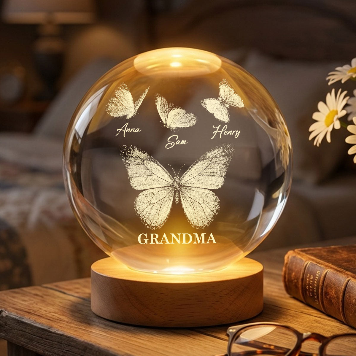 Beautiful Grandma Mom Butterflies Custom Kids Names - Personalized Crystal Ball LED Night Light