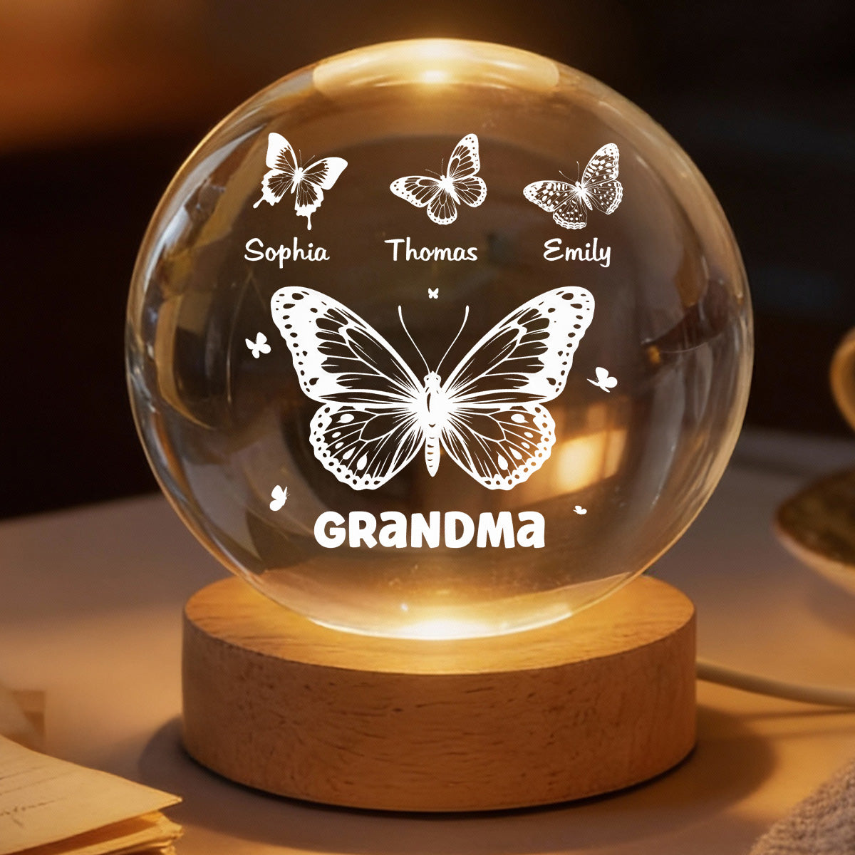 Grandma Mom Butterflies Custom Kids Names - Personalized Crystal Ball LED Night Light