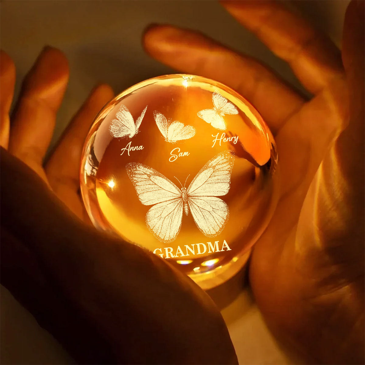 Beautiful Grandma Mom Butterflies Custom Kids Names - Personalized Crystal Ball LED Night Light