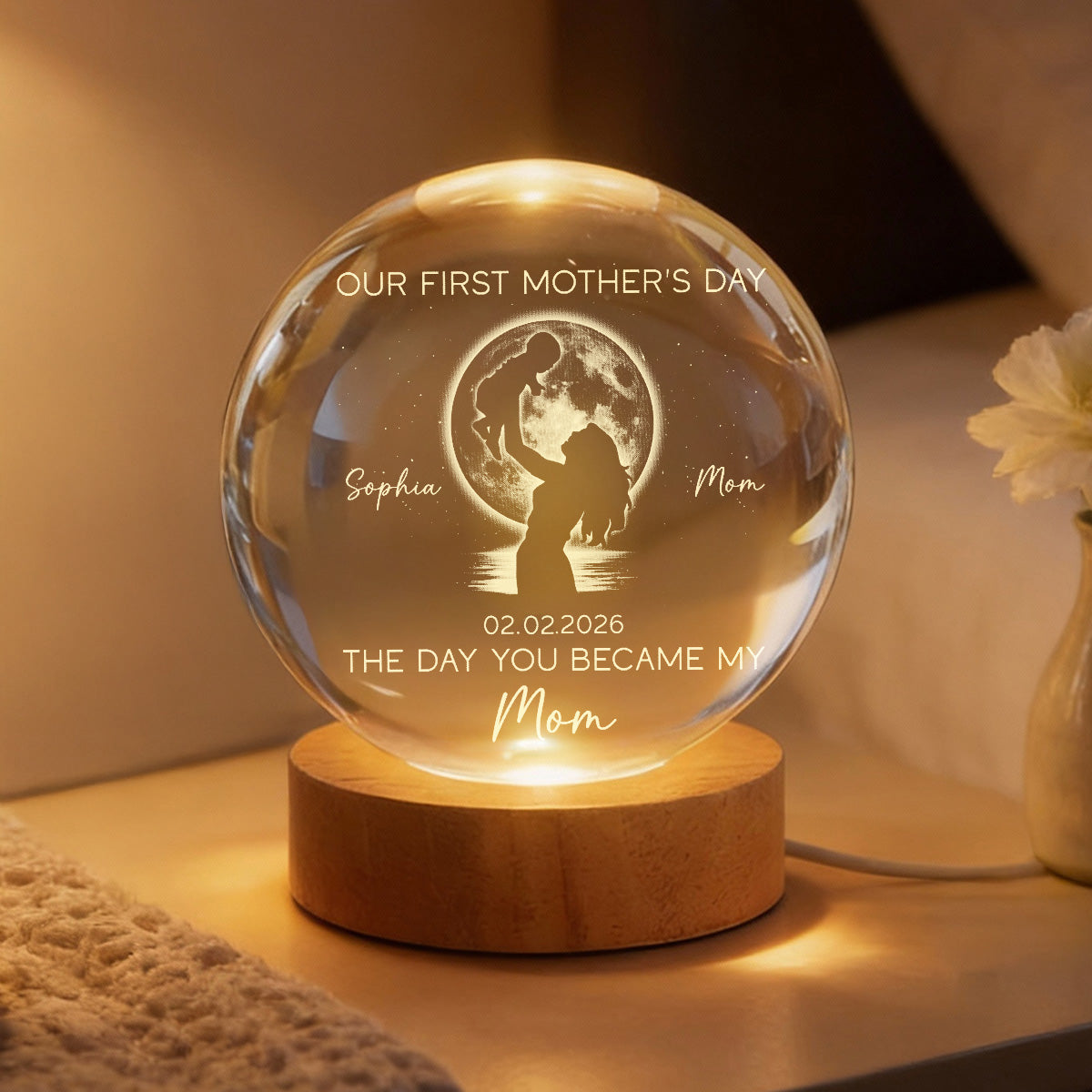 Custom Moon Phase First Mother's Day The Day You Became My Mom - Personalized Crystal Ball LED Night Light