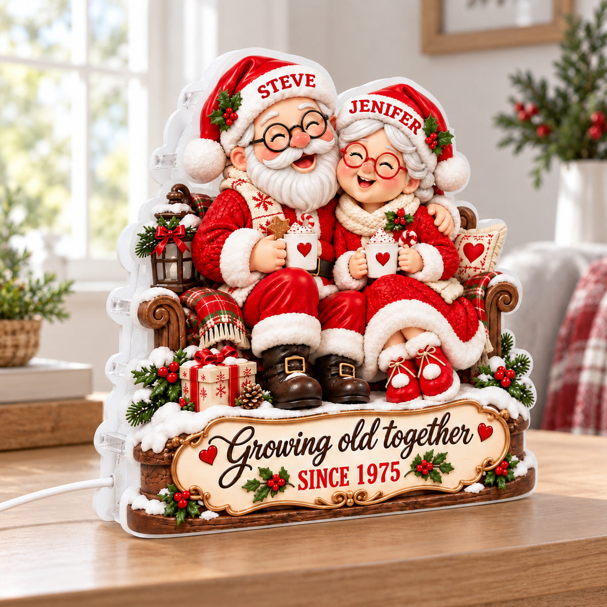 Santa Couple Growing Old Together light box on a table