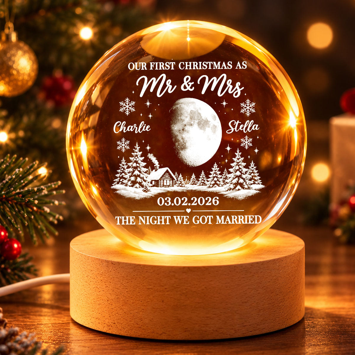 Our First Christmas As Mr Mrs Custom Moon Phase Anniversary Date - Personalized Crystal Ball LED Night Light