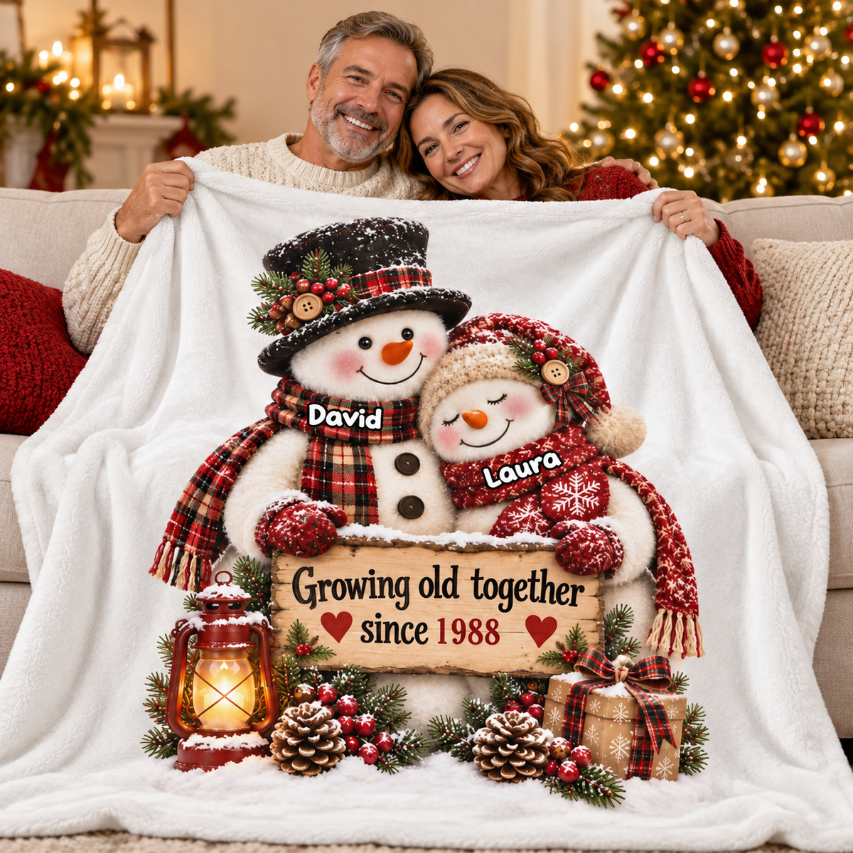 Snowman Couple Hugging Growing Old Together personalized fleece blanket