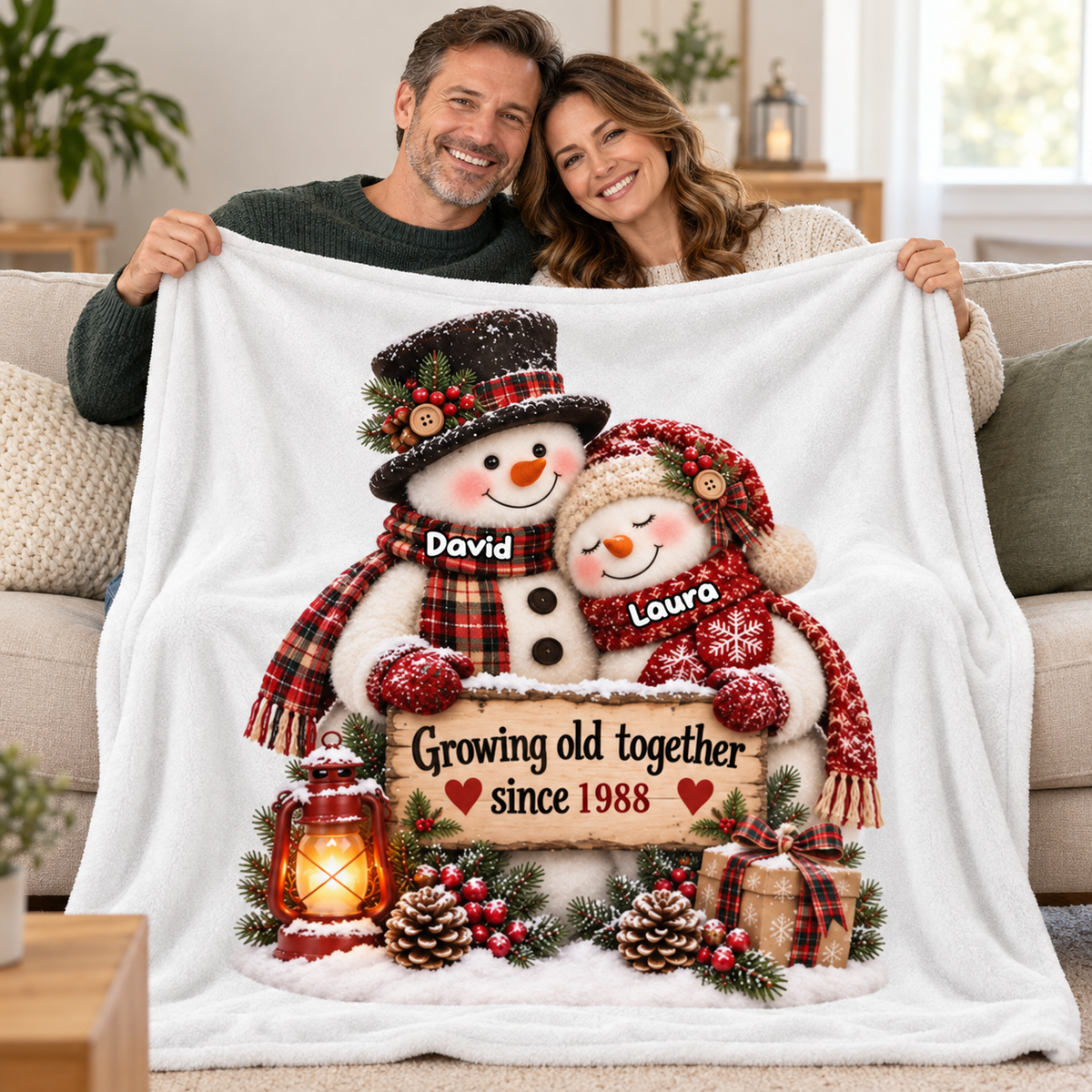Snowman Couple Hugging Growing Old Together personalized fleece blanket