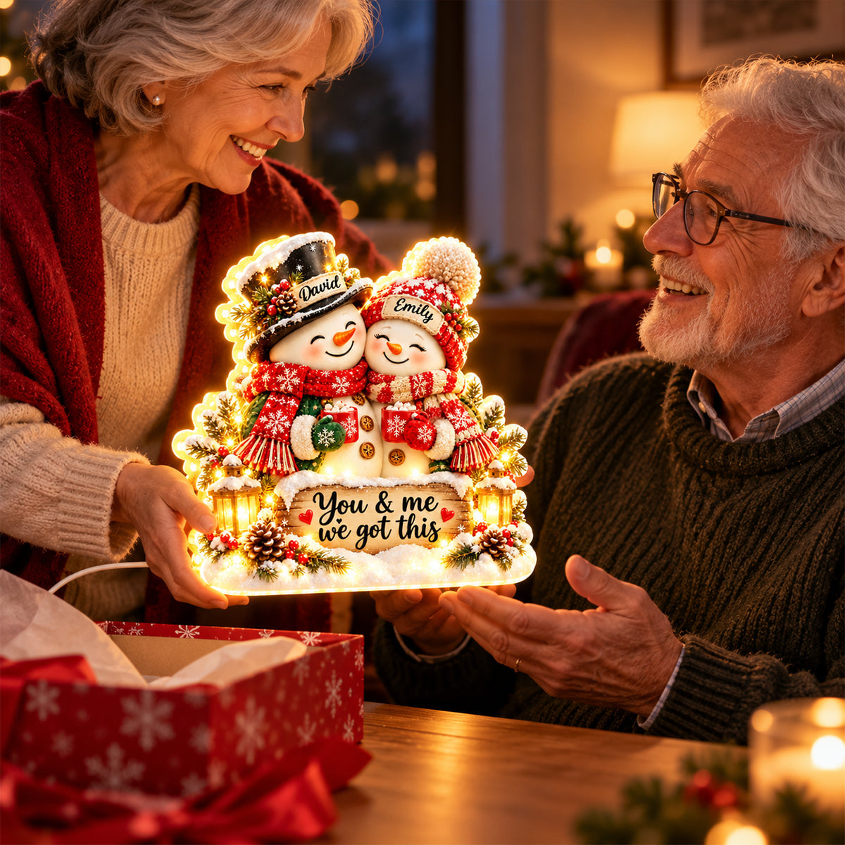 Snowman Couple Hugging personalized light box
