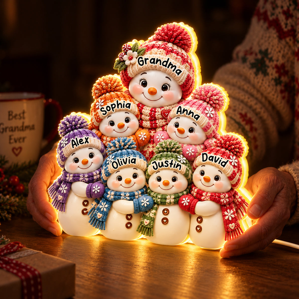 Cute Snowman Grandma Hugging Grandkids personalized light box