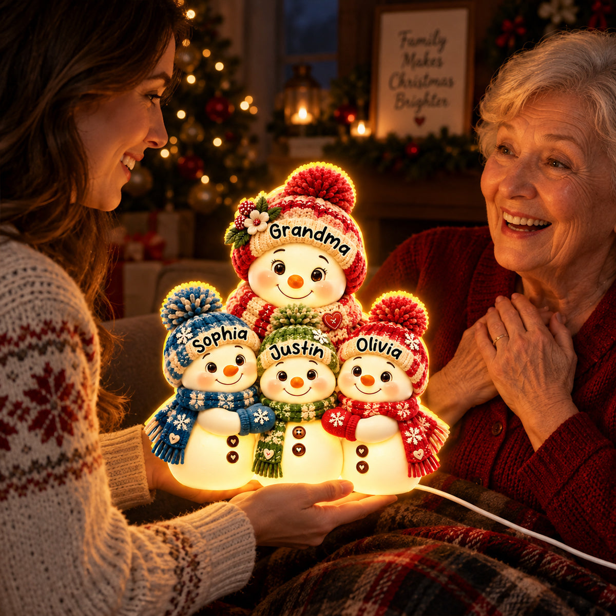 Cute Snowman Grandma Hugging Grandkids personalized light box