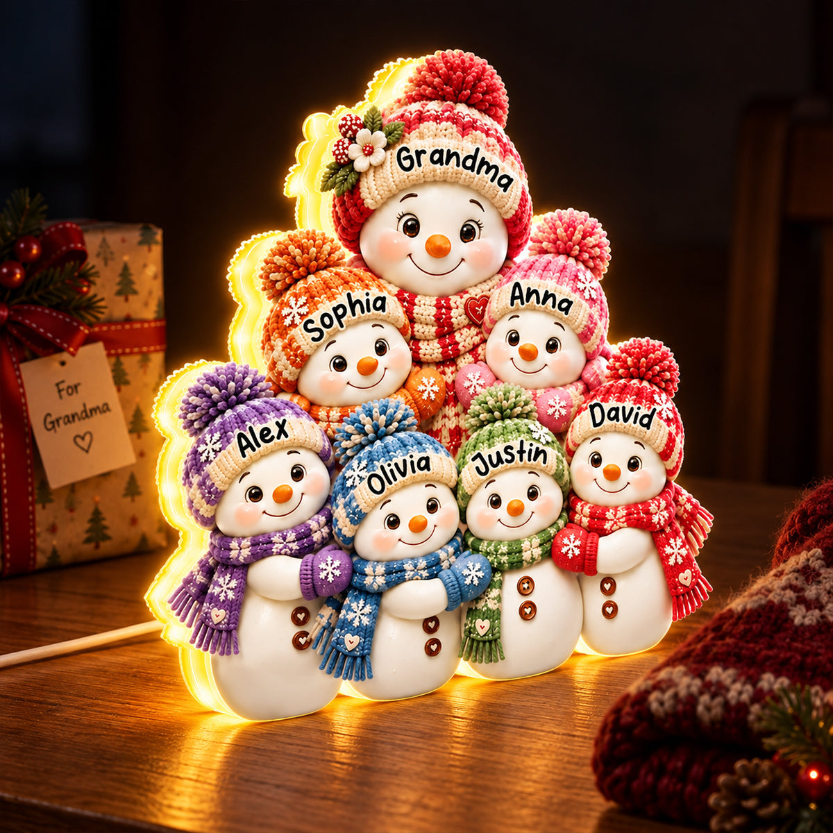 Cute Snowman Grandma Hugging Grandkids personalized light box