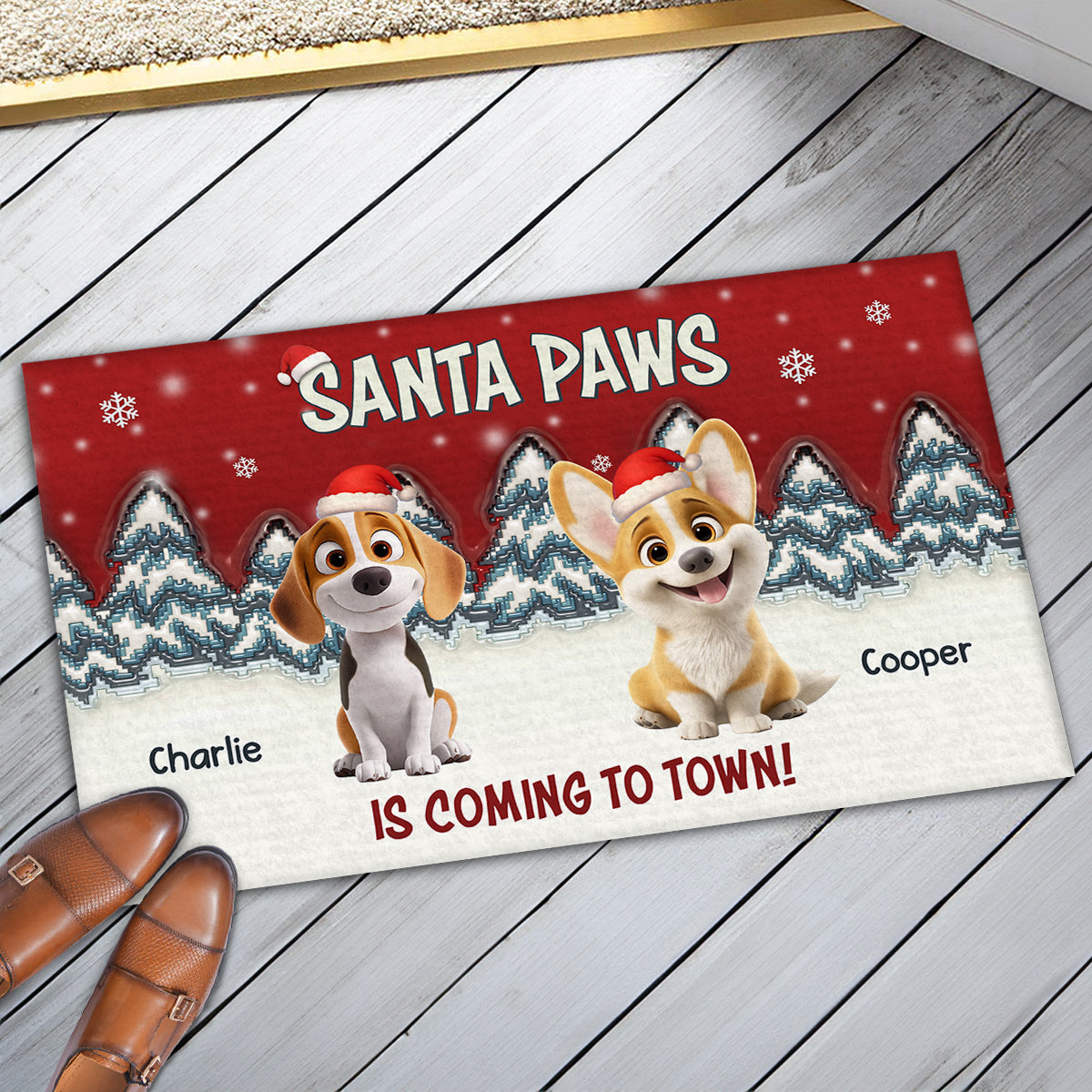 Stop Here With Us Santa personalized doormat with two dogs