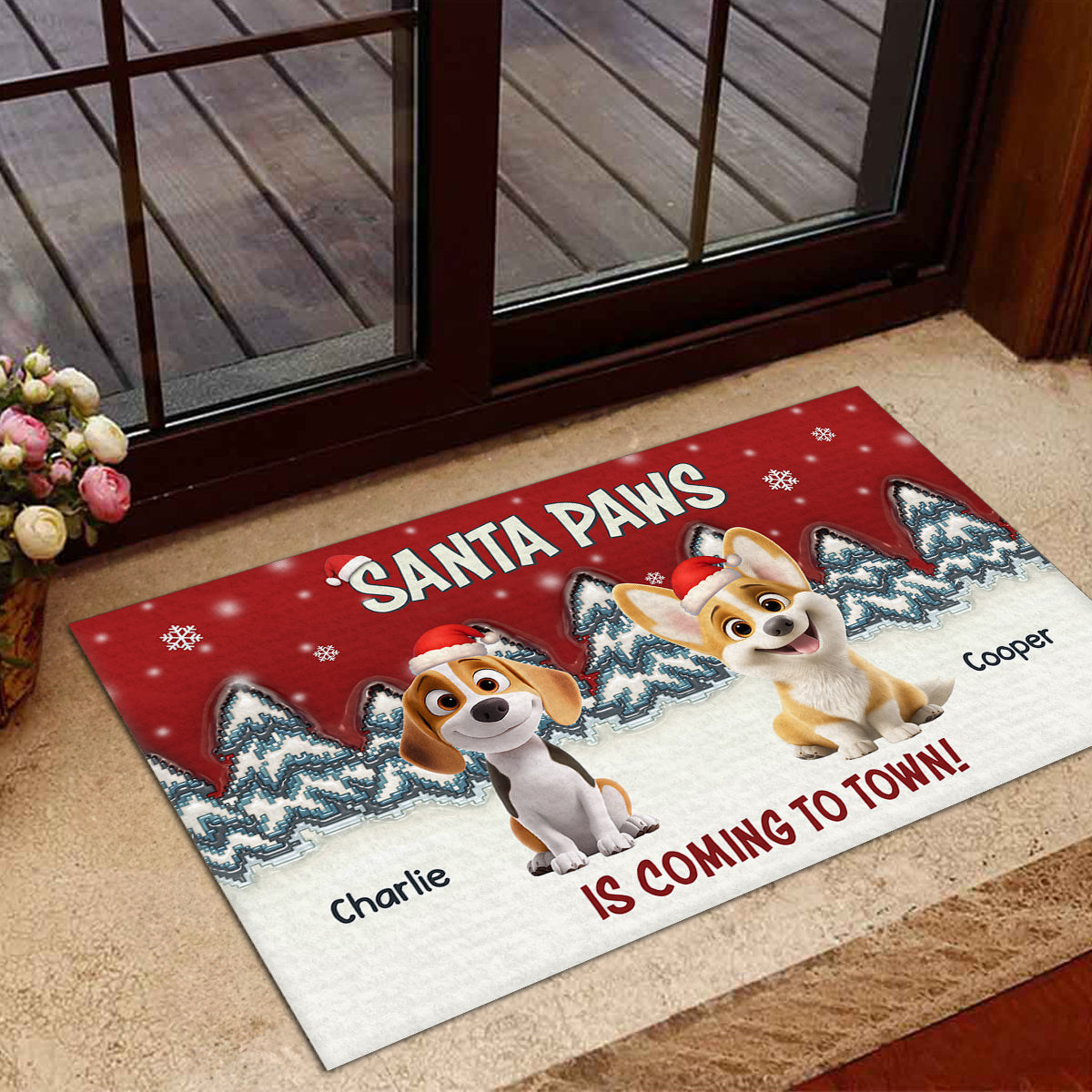 Stop Here With Us Santa personalized doormat at the door