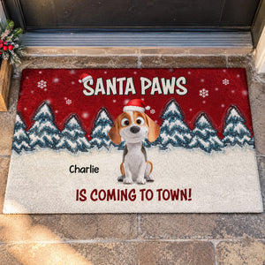 Stop Here With Us Santa personalized doormat on a porch