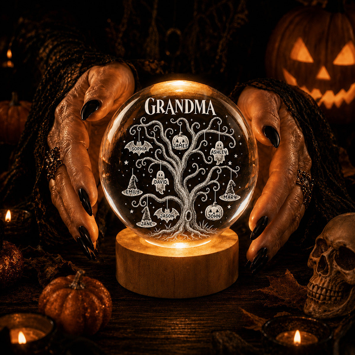 Halloween Tree With Kids Names - Personalized Crystal Ball LED Night Light