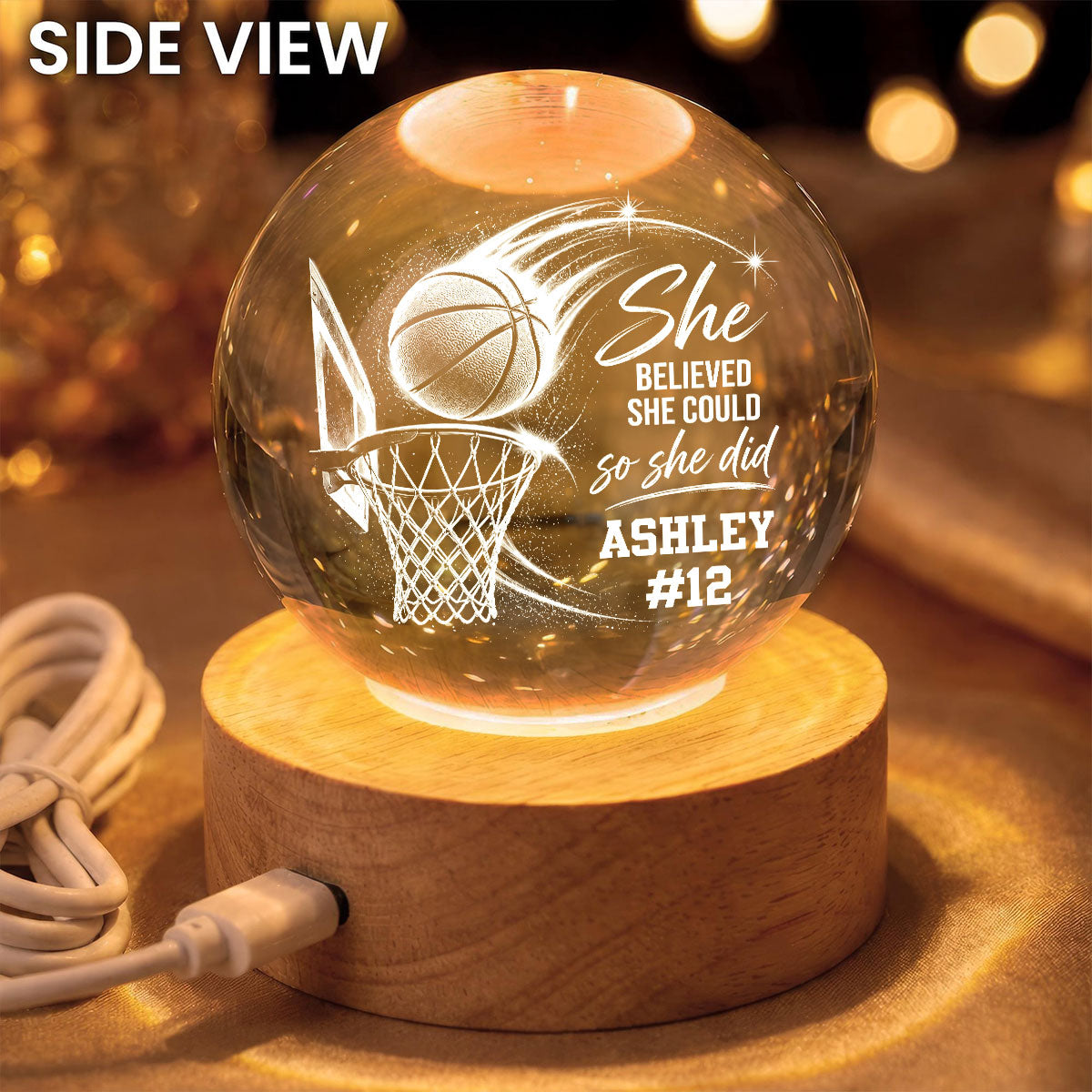 Proud Basketball Player Name And Number - Personalized Crystal Ball LED Night Light