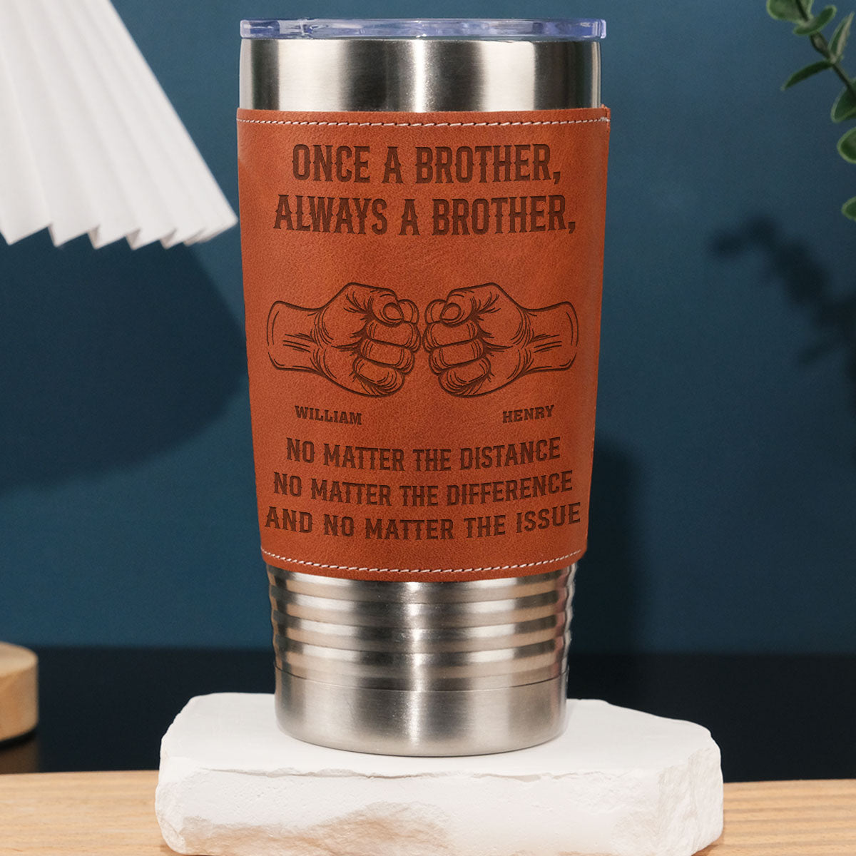 Once A Brother - Personalized Engraved Leather Tumbler - Christmas Gift For Brother