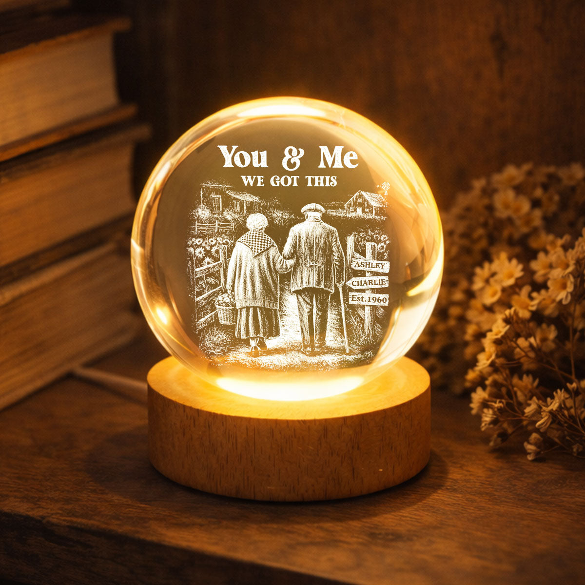 Old Couple Walking Growing Old Together - Personalized Crystal Ball LED Night Light
