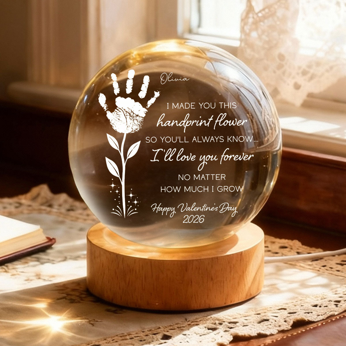 Valentine Day Handprint Art Craft - Personalized Crystal Ball LED Night Light