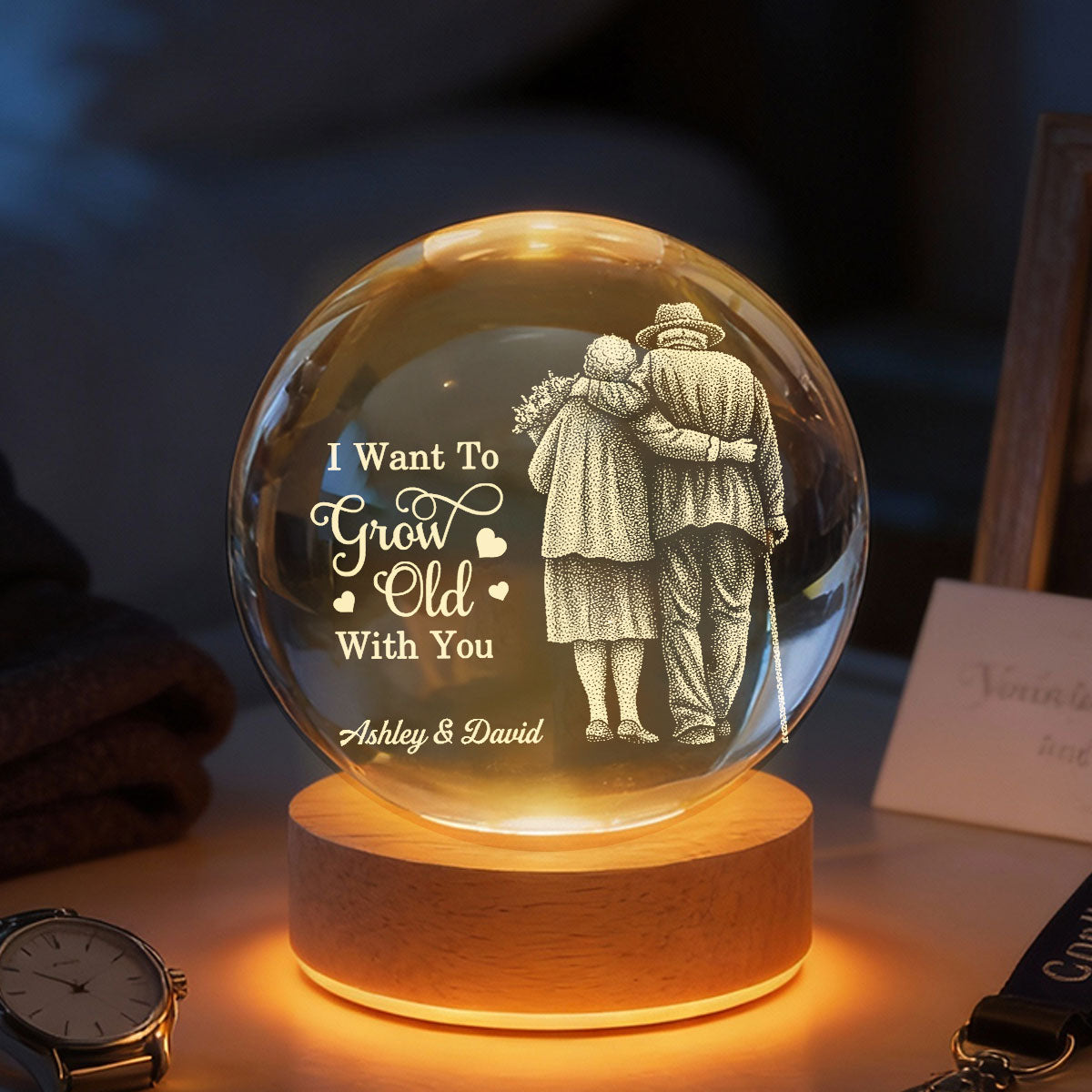 Eternal Love Old Couple Wanna Grow Old With You - Personalized Crystal Ball LED Night Light