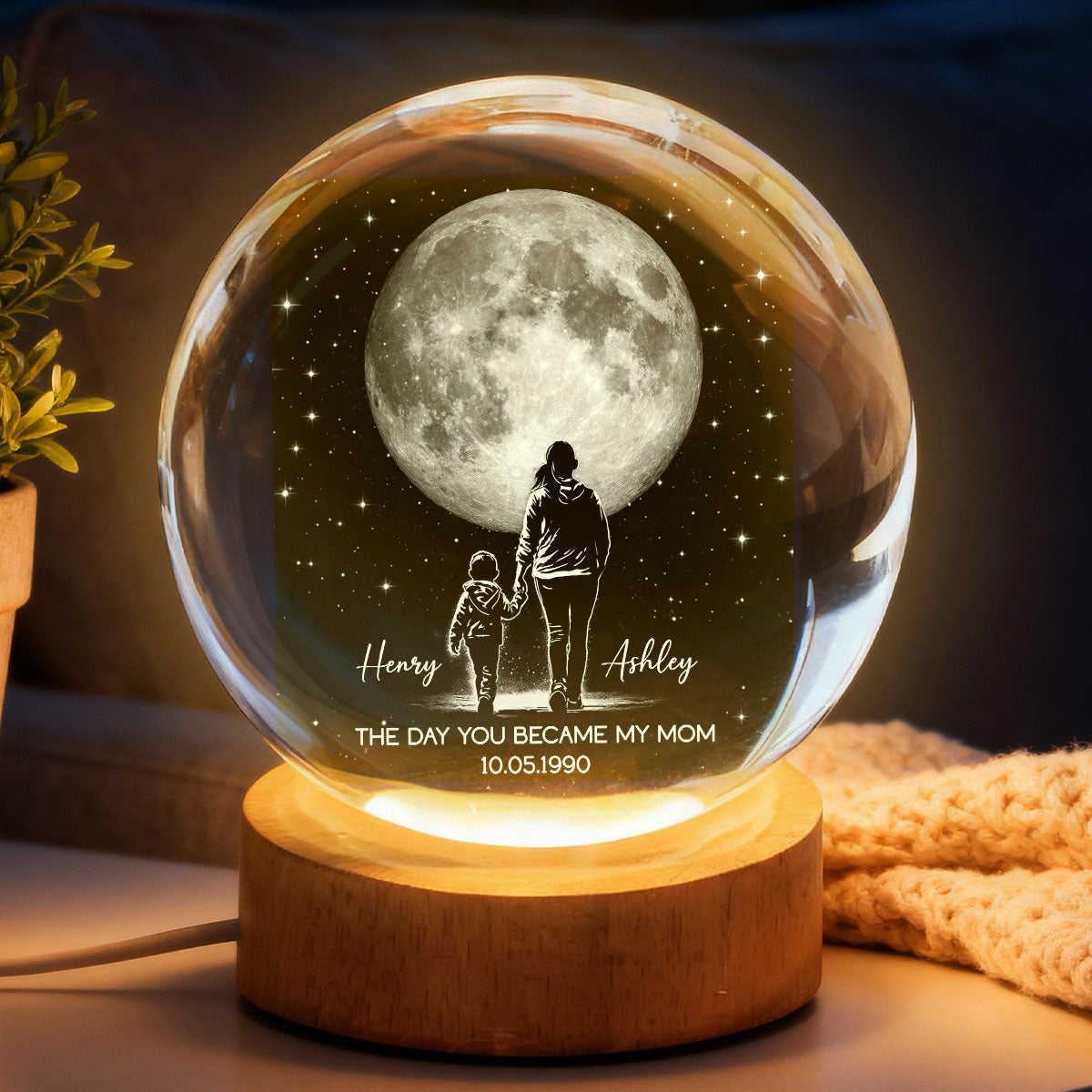 The Day You Became My Mom Custom Moon Phase by Date - Personalized Crystal Ball LED Night Light