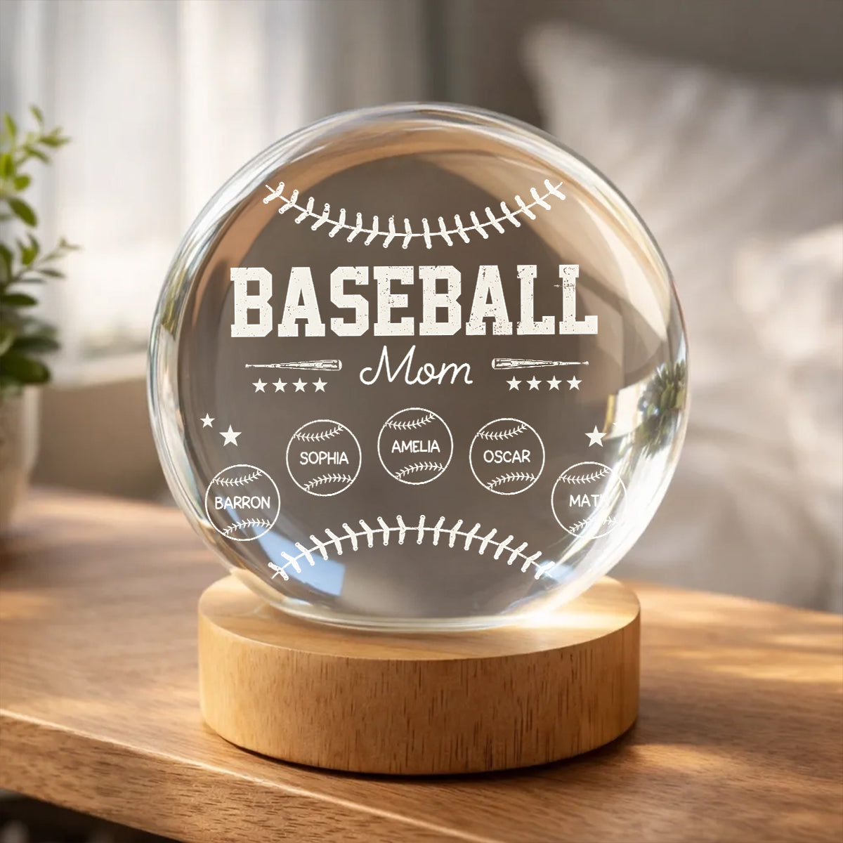 Baseball Mom And Kids Together - Personalized Crystal Ball LED Night Light