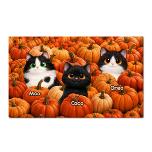 Fall Season Cute Cats Play In Pumpkin Patch - Personalized Doormat - Fall Decor For Cat Lovers