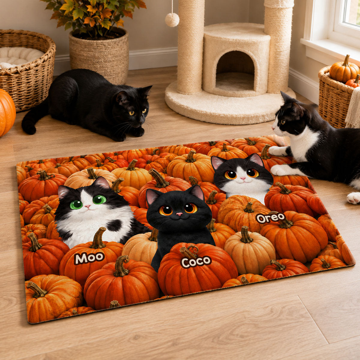 Fall Season Cute Cats Play In Pumpkin Patch - Personalized Doormat - Fall Decor For Cat Lovers