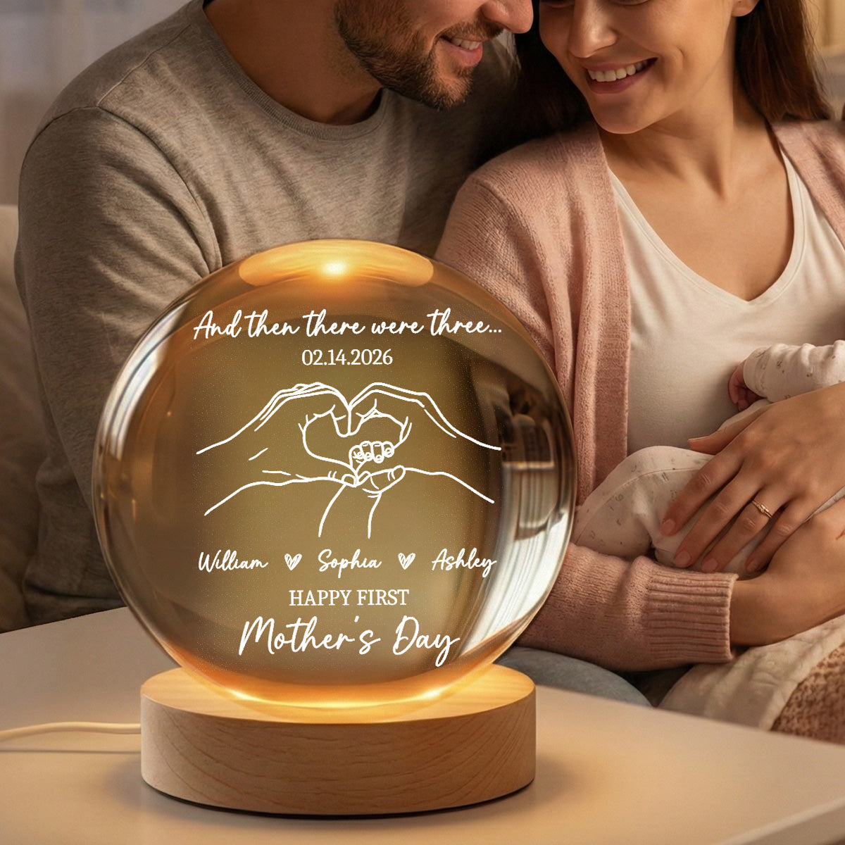 And Then There Were Three Happy First Mother's Day - Personalized Crystal Ball LED Night Light
