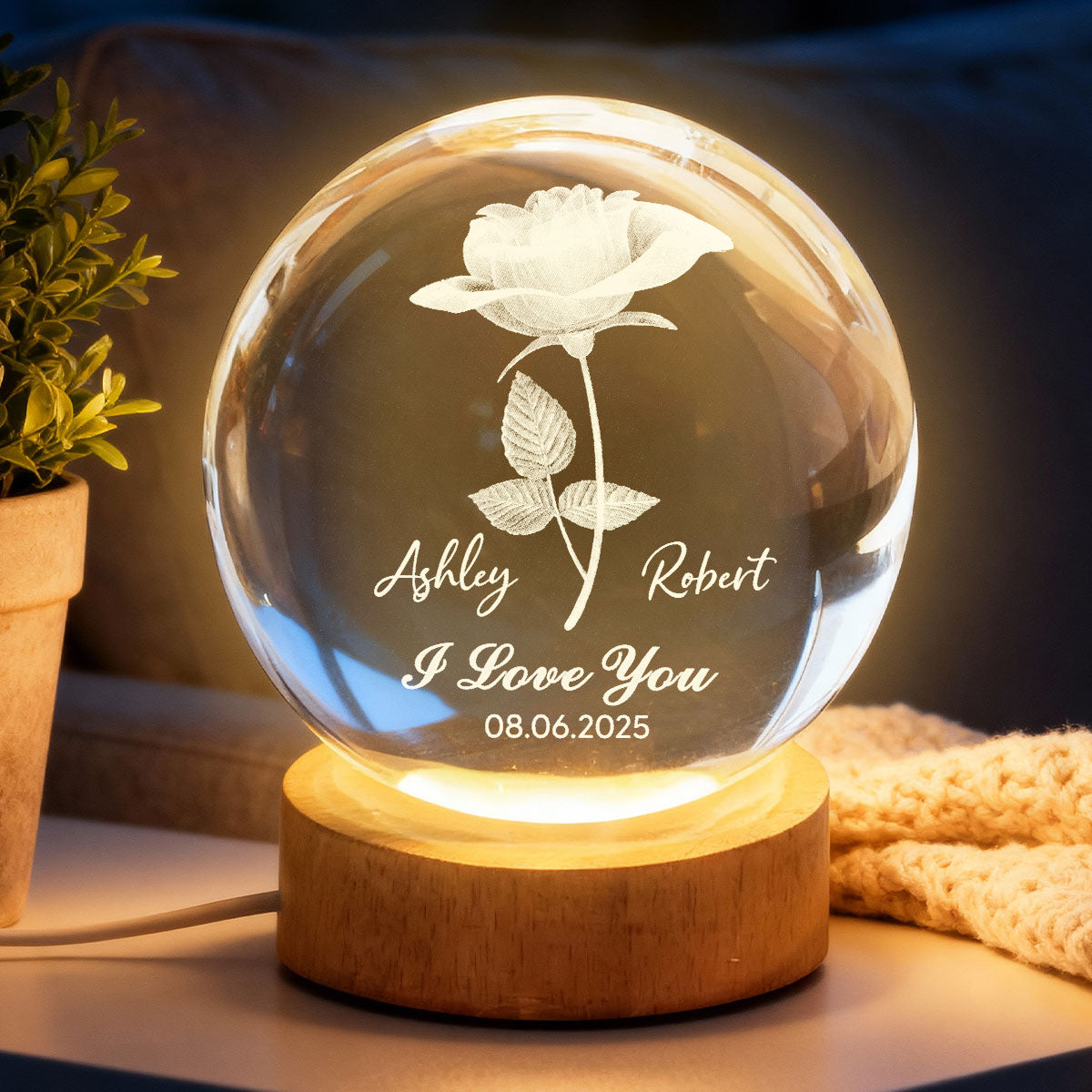 Eternal Love Rose I Love You - Personalized Crystal Ball LED Night Light