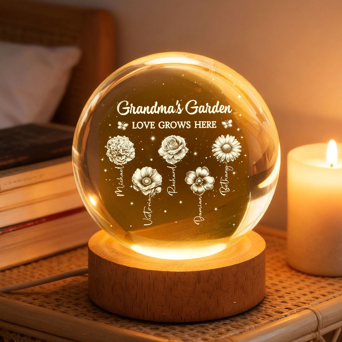 Grandma's Garden Custom Birth Month Flower - Personalized Crystal Ball LED Night Light