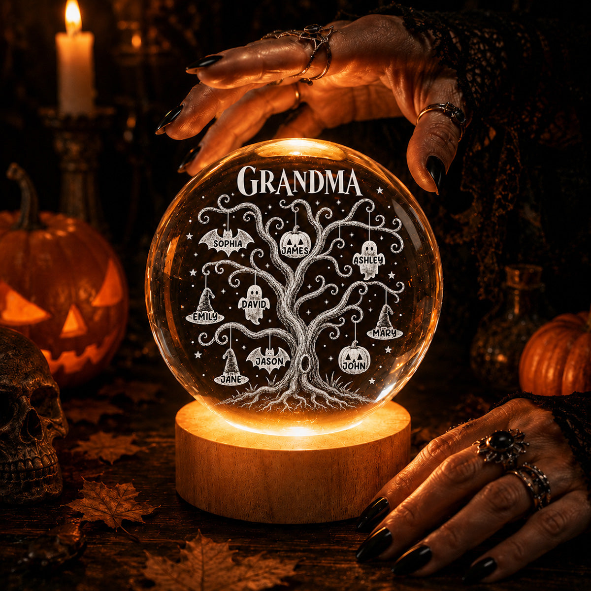 Halloween Tree With Kids Names - Personalized Crystal Ball LED Night Light