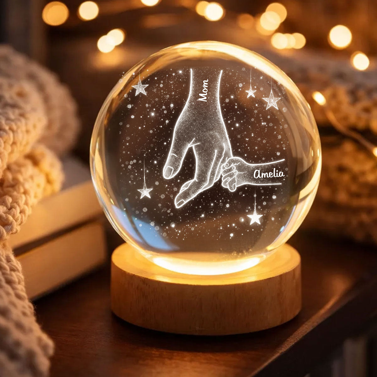 Mom Grandma Kids Holding Hands - Personalized Crystal Ball LED Night Light