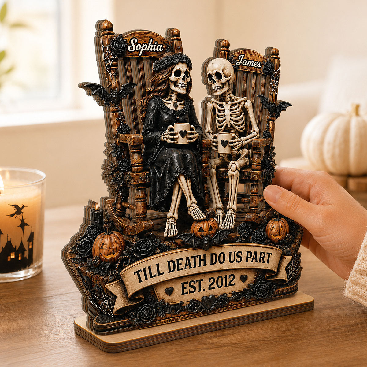 Till Death Do Us Part Skeleton Couple 2D Flat - Personalized 2-Layered Wooden Plaque - Halloween Decor For Couple