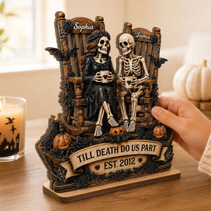 Till Death Do Us Part Skeleton Couple 2D Flat - Personalized 2-Layered Wooden Plaque - Halloween Decor For Couple