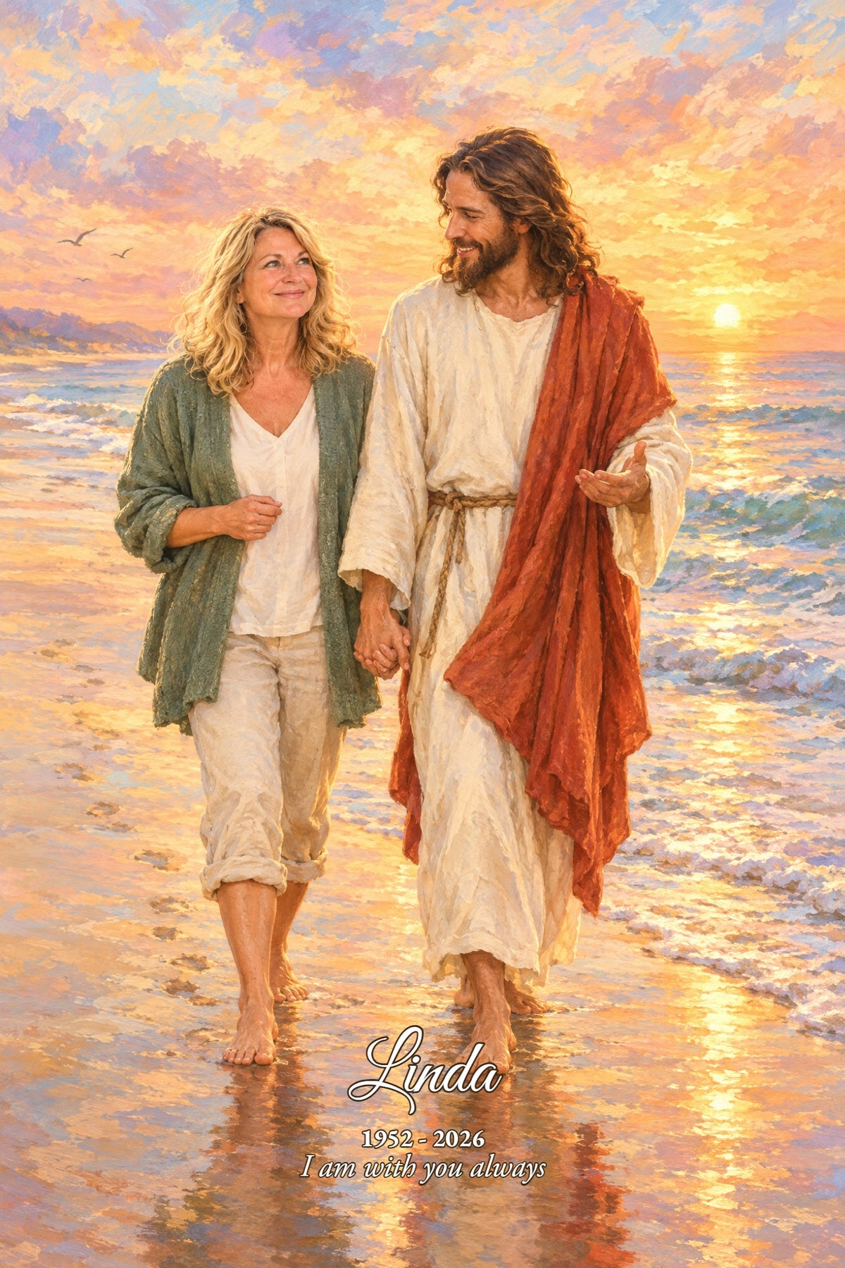 Walk With Jesus By The Sea artwork painted from a photo, with name, years and message