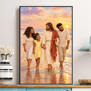 Family walking with Jesus by the sea at sunrise, personalized framed poster