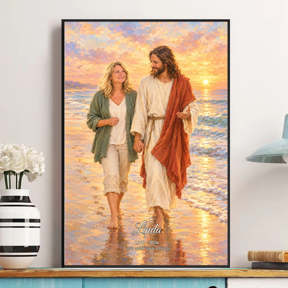 Walk With Jesus By The Sea personalized poster of a woman walking barefoot with Jesus on a sunrise beach, framed