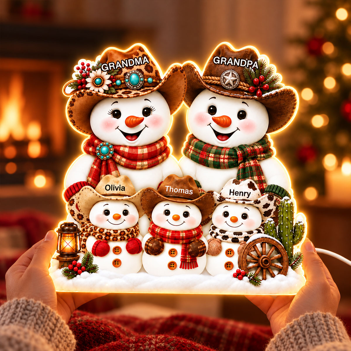 Western Grandpa Grandma Snowman personalized light box
