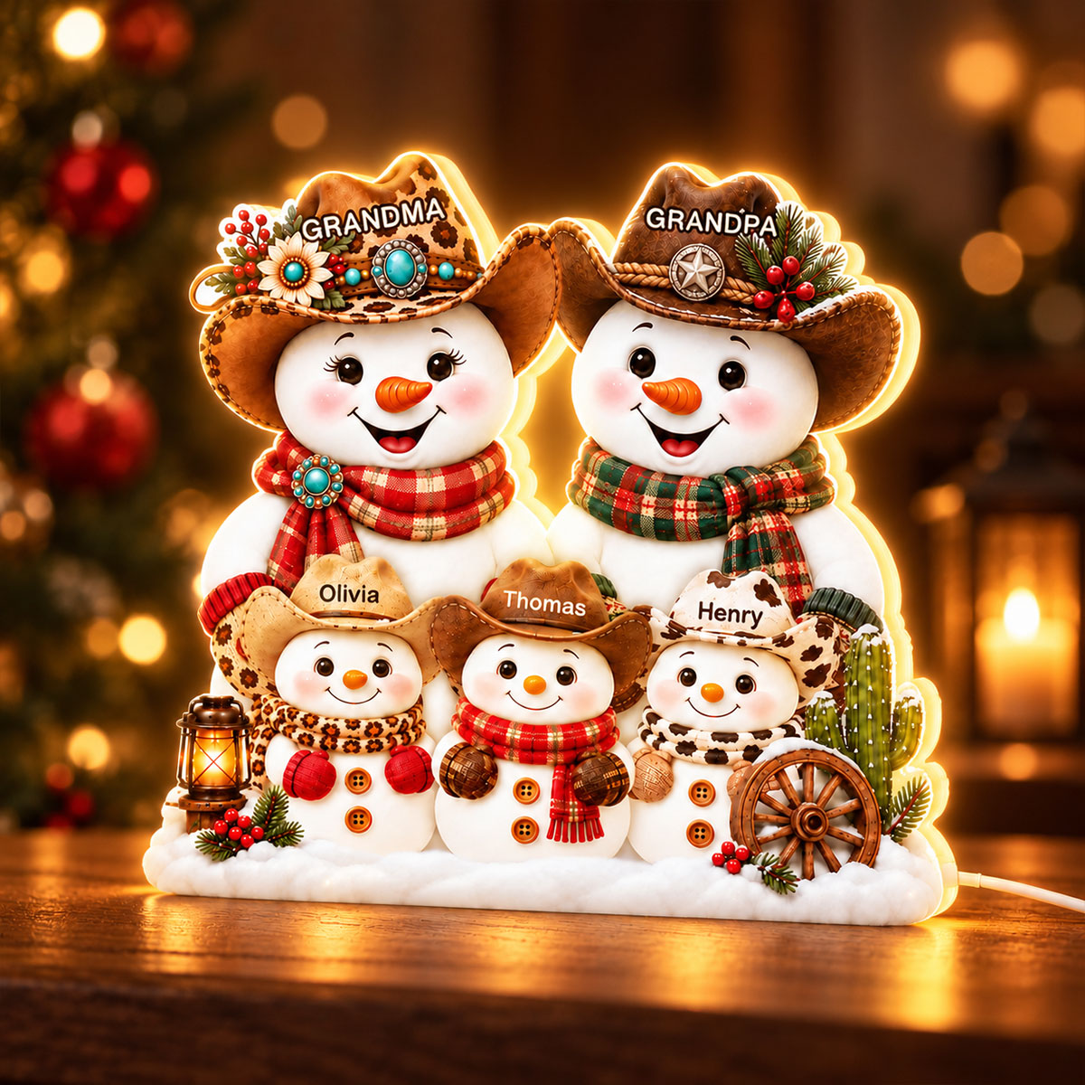Western Grandpa Grandma Snowman personalized light box
