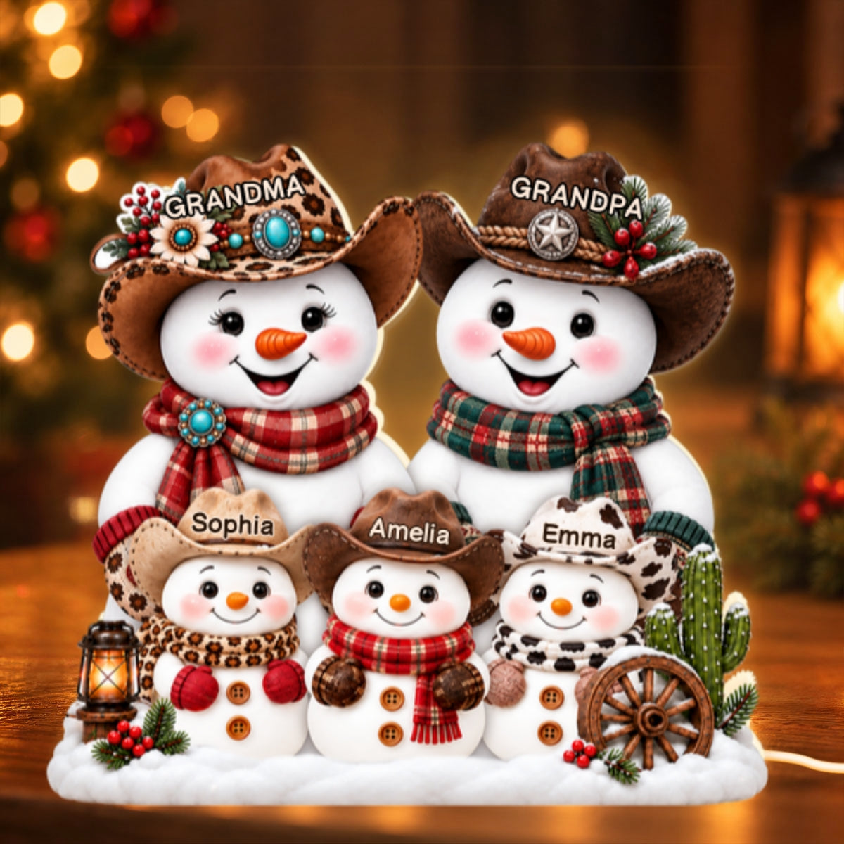 Western Grandpa Grandma Snowman personalized light box