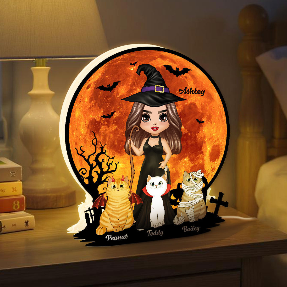 Witch Cat Mom Under Halloween Moon personalized light box