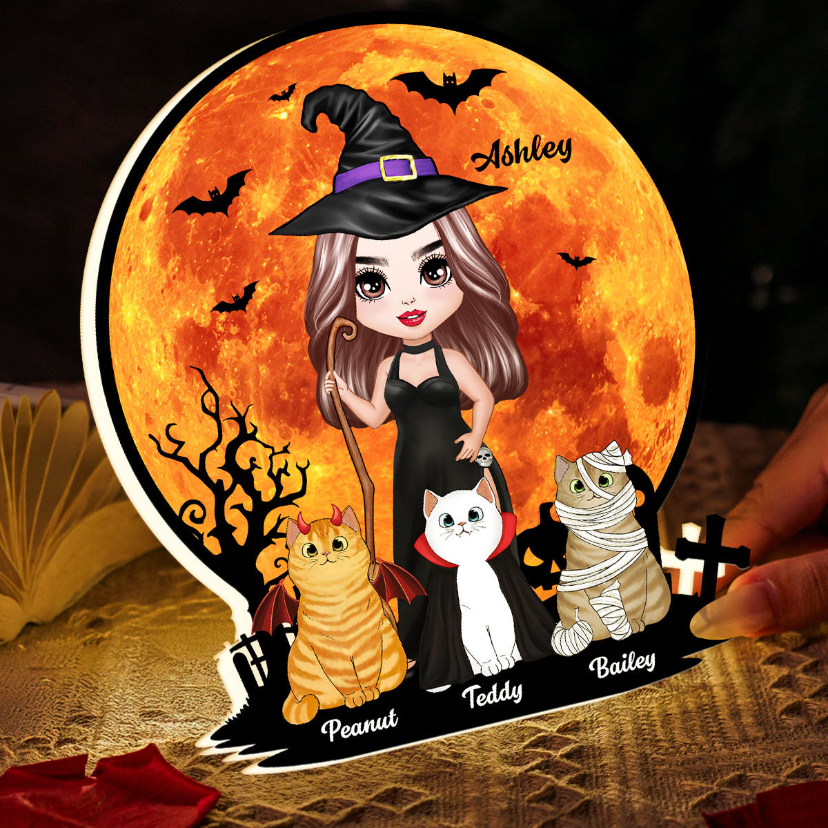 Witch Cat Mom Under Halloween Moon personalized light box