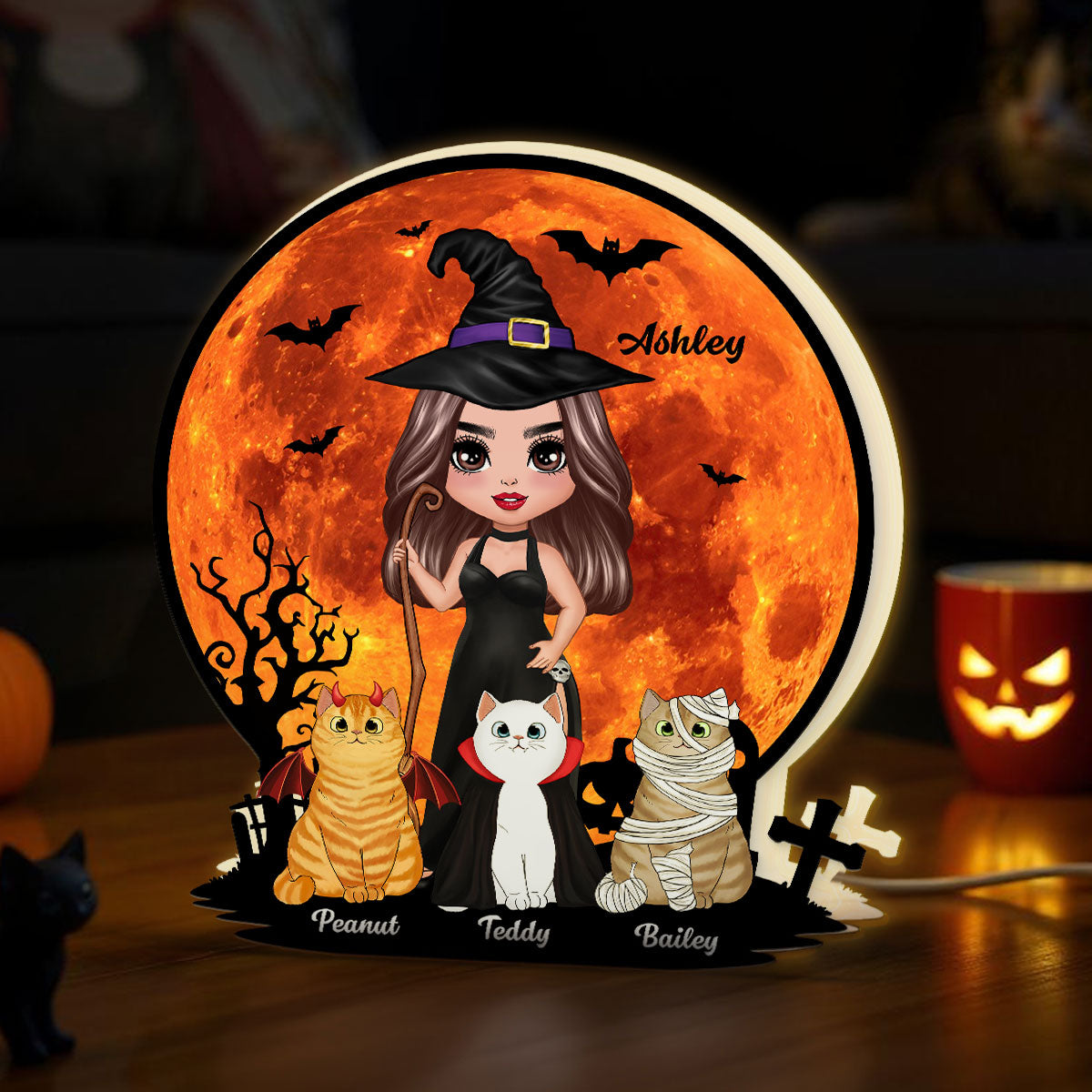 Witch Cat Mom Under Halloween Moon personalized light box