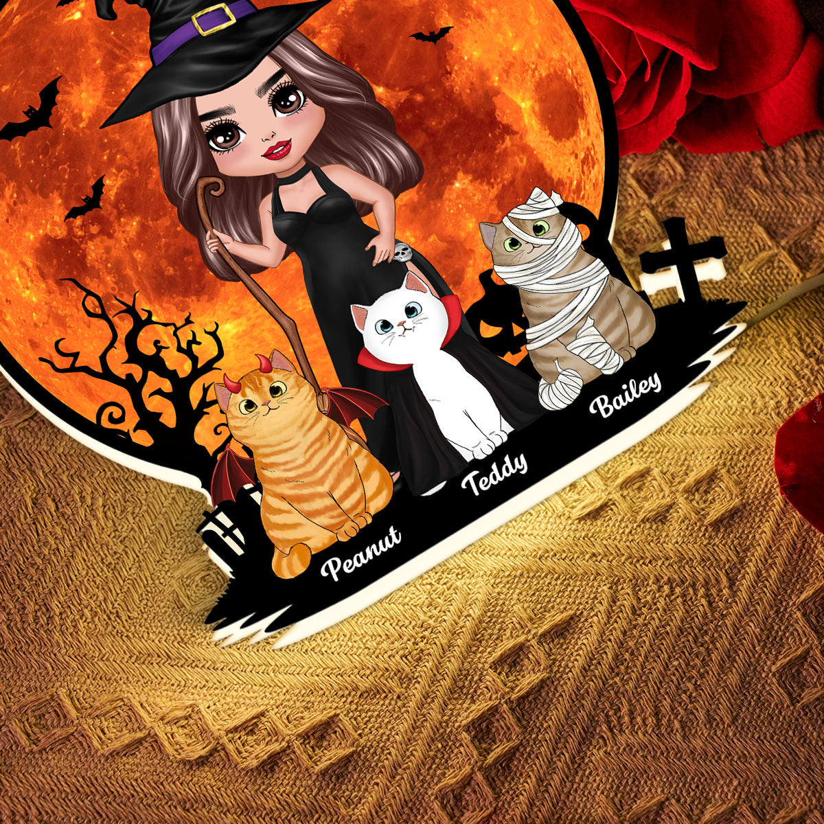 Witch Cat Mom Under Halloween Moon personalized light box