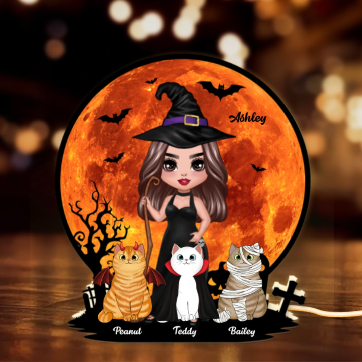 Witch Cat Mom Under Halloween Moon personalized light box