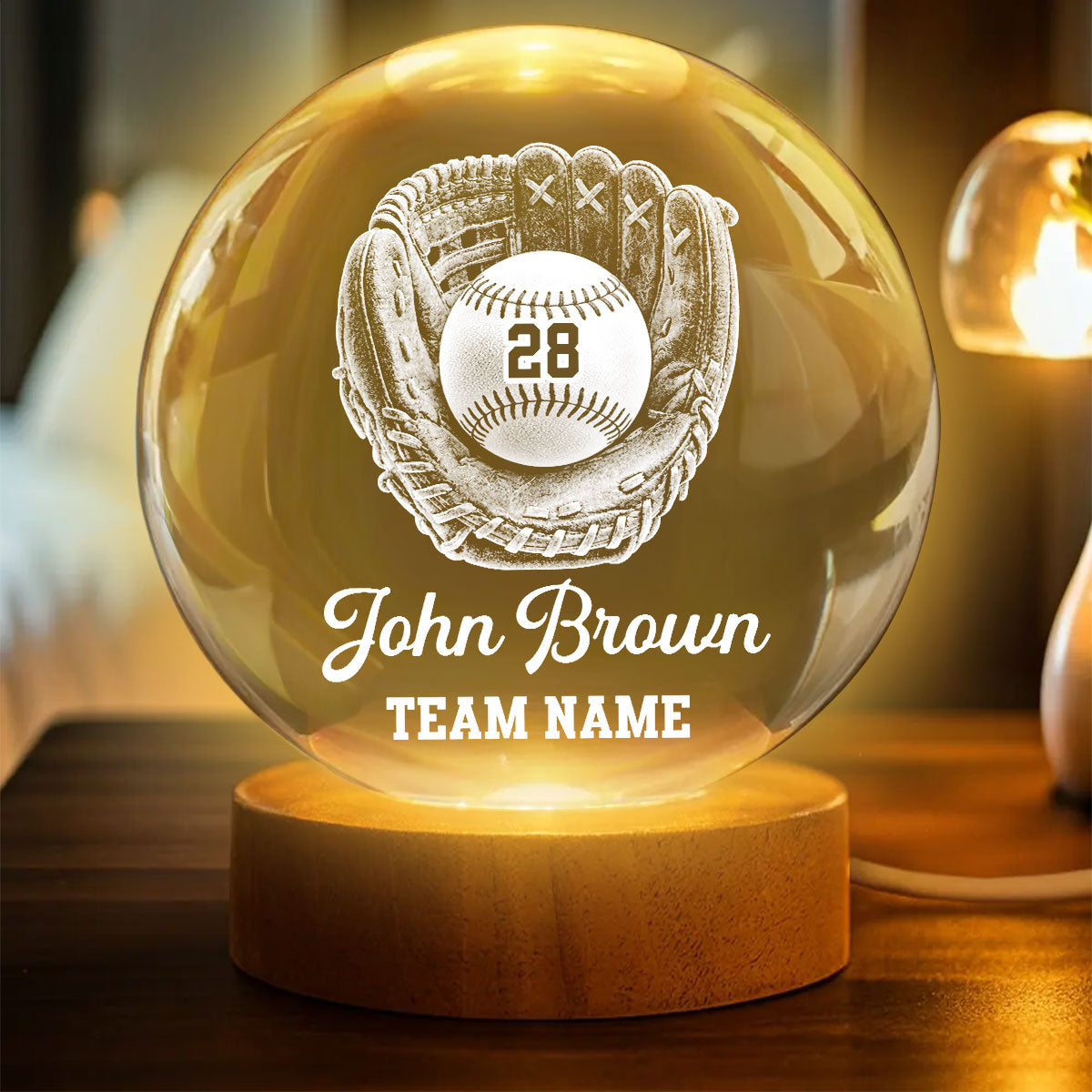 Proud Baseball Player Custom Name And Number - Personalized Crystal Ball LED Night Light