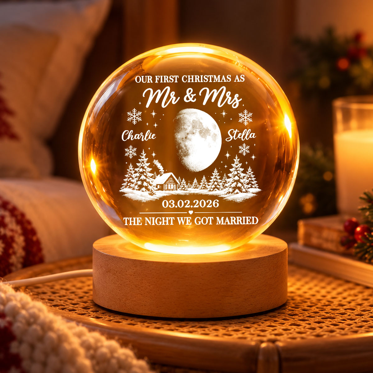 Our First Christmas As Mr Mrs Custom Moon Phase Anniversary Date - Personalized Crystal Ball LED Night Light