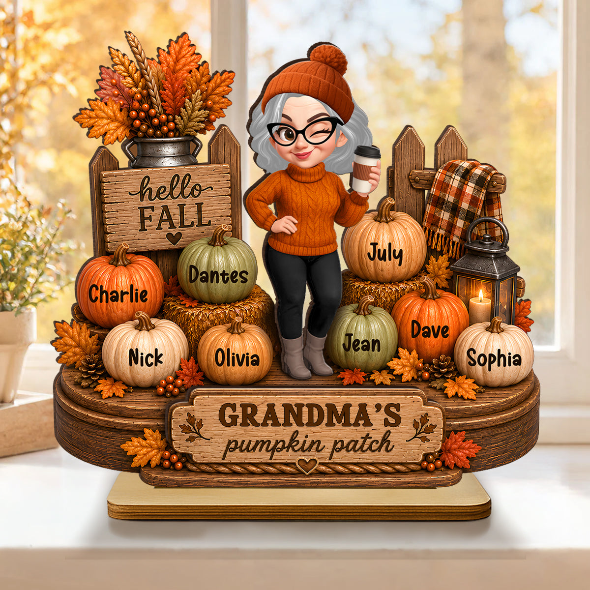 Hello Fall Grandma's Pumpkin Patch - Personalized 2-Layered Wooden Plaque - Cozy Fall Decor for Grandma