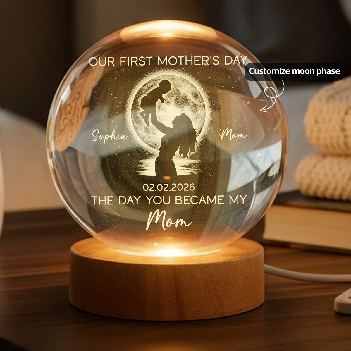 Custom Moon Phase First Mother's Day The Day You Became My Mom - Personalized Crystal Ball LED Night Light