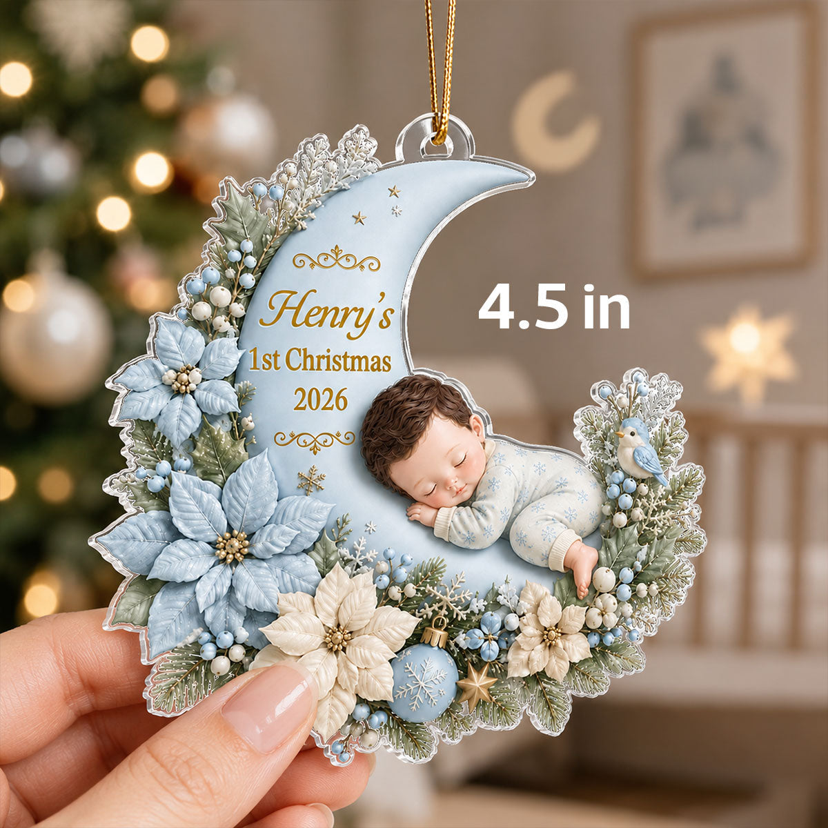 First Christmas Baby Boy Girl On Floral Moon - Personalized Acrylic Ornament